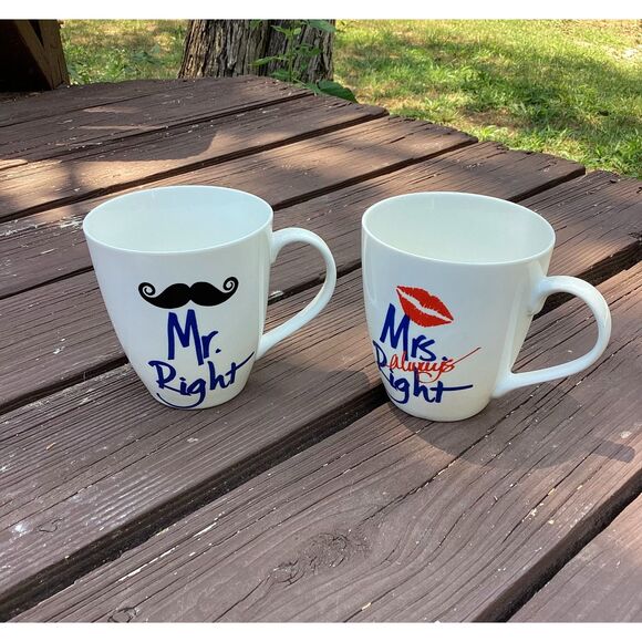 Mr. & Mrs. Right Matching Coffee Mugs Set Funny Couples Gift Ceramic 12oz - Picture 1 of 1